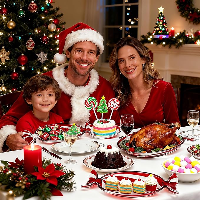 Christmas Candy Shaped Glass Dish Platter Oval Serving Tray Red Transparent Festive Dish for Xmas Holiday Party Cookies Fruit Peppermint Dessert Snack Charcuterie Decorative Gift, Large