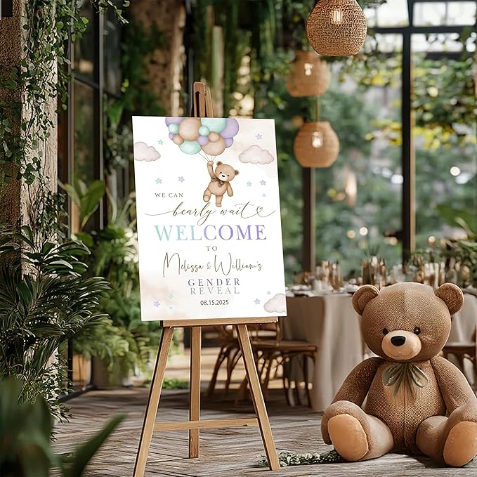 Gender Reveal Welcome Sign – Teddy Bear Balloon Theme,Personalized Teddy Bear Gender Reveal Welcome Sign, He or She Yard Sign, Boy or Girl Gender Reveal Sign, We Can Bearly Wait Gender Reveal .17