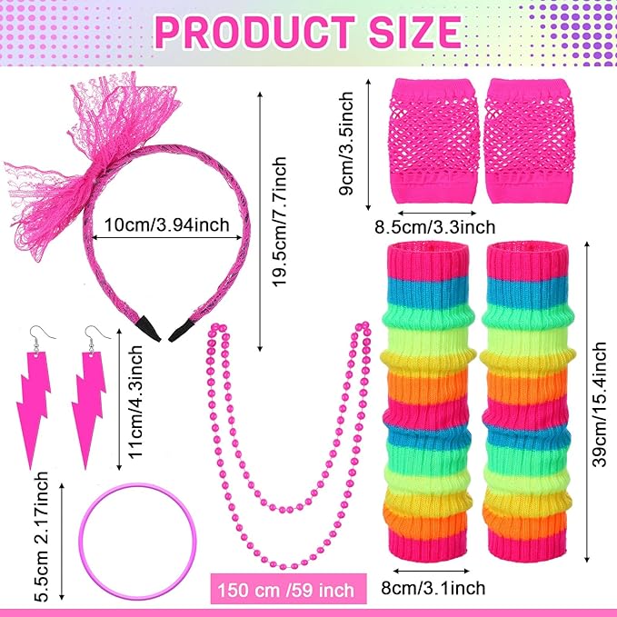 Handepo 19 Pcs 80s Costume Accessories Holographic Fanny Pack Leg Warmers Lace Headband Earrings Gloves Necklace Bracelet