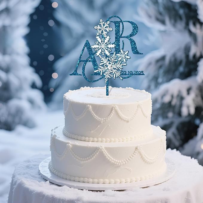 Customized Winter Wedding Cake Topper Personalized Bride & Groom's Initials and Wedding Date Cake Decoration with Snowflake