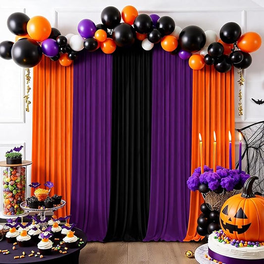 Halloween Backdrop Curtain,10×10ft Black Orange Purple Party Background Decor for Spooky Parties Photo Booths Home Haunted House Reusable Holiday Wall Decoration for Adults Teens