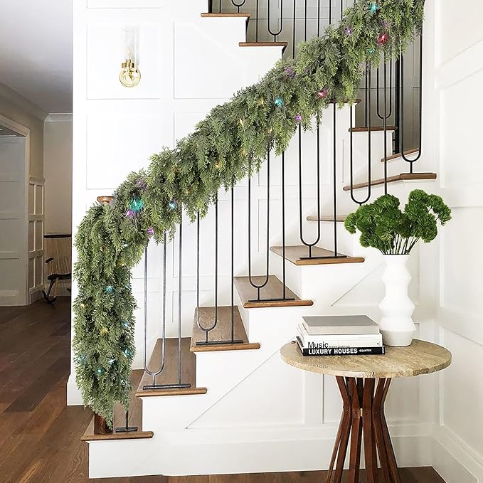 Cedar Christmas Garland with Lights for Mantle - Decorations 9ft Realistic Lighted Faux Pine Garlands for Xmas Home Decoration Indoor Stairs Railing Fireplace Outdoor 9 ft Prelit Garland Door Decor