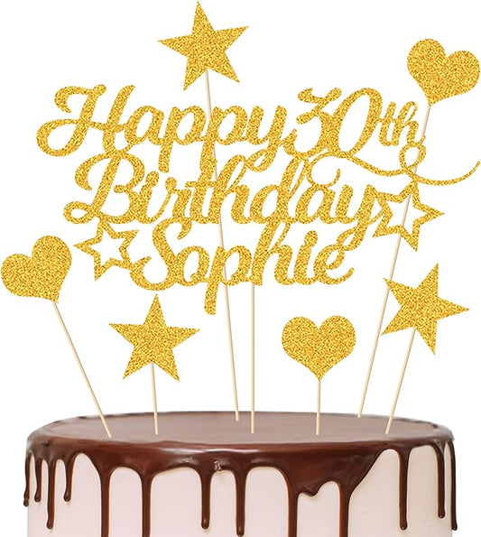 Personalized Happy Birthday Cake Topper Customized with Any Age Name Party Cake Decoration 16 18 21 40 60 Double Sided Glitter Card Gold