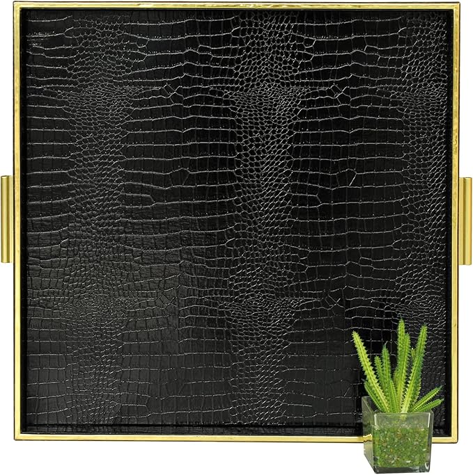 HofferRuffer Extra Large Square Serving Tray, Elegant Faux Leather Ottoman Tray with Gold Hardware Handles, Serve Tea, Coffee or Breakfast in Bed, 24 x 24 inches (Black Croco)