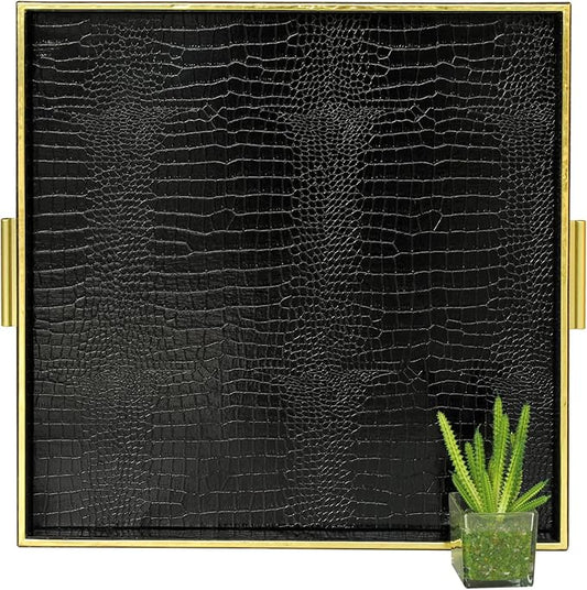 HofferRuffer Extra Large Square Serving Tray, Elegant Faux Leather Ottoman Tray with Gold Hardware Handles, Serve Tea, Coffee or Breakfast in Bed, 24 x 24 inches (Black Croco)