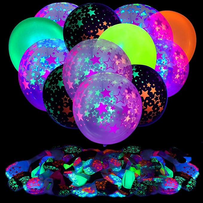 90 Pcs UV Neon Balloons ,Neon Stars Glow Party Black Light in the dark for Birthday Decorations Wedding Supplies Blacklight Carnival Reactive Fluorescent