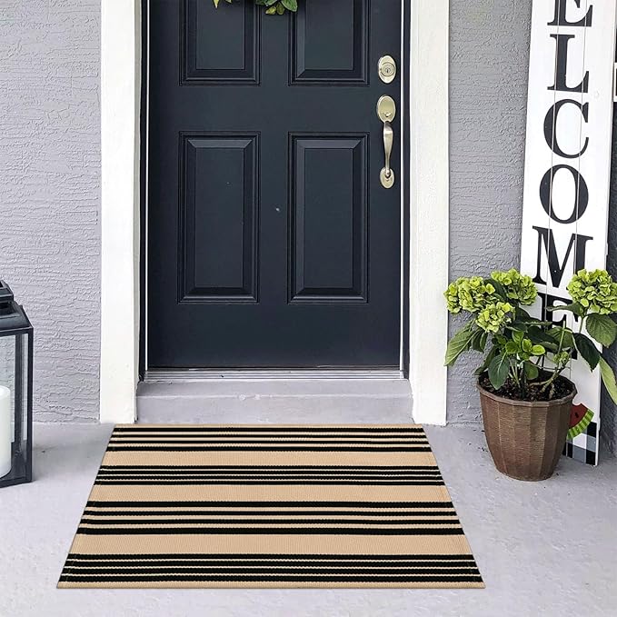 KIMODE Front Door Mats 24"x35", Striped Layered Door Mats Outdoor, Washable Farmhouse Fall Outdoor Porch Decor, Cotton Hand Woven Autumn Rugs for Entryway Kitchen Black and Khaki Thanksgiving
