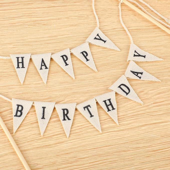 Happy Birthday Cake Banner Personalized Toppers, Handmade Linen Pennant Flags With 7.9 in Bamboo Polls, Party Decoration Supplies for Cakes Cupcakes
