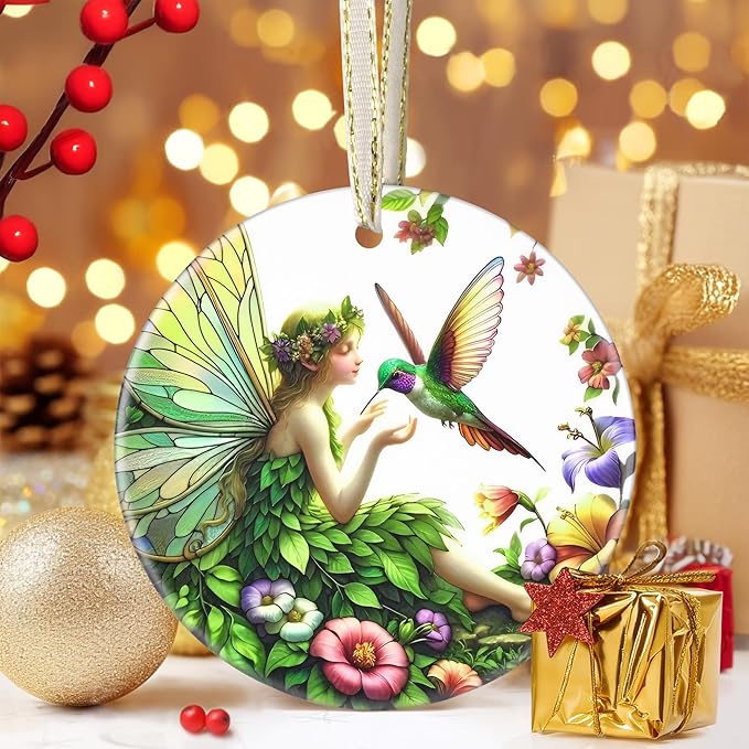Touber Fairy & Hummingbird 3.5 Inch Ceramic Christmas Hanging Ornament for Christmas Tree Decor