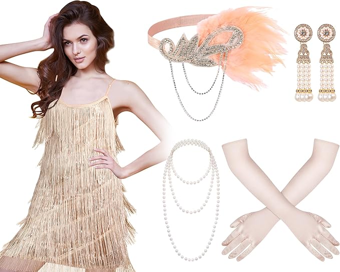 Zhanmai 6 Pcs Flapper Dress Flapper Costumes for Women 1920s Accessories Set Headband Pearl Necklace Earrings Gloves Stick