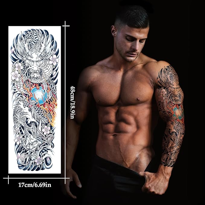 12 Sheets Temporary Sleeve Tattoos Adults, Waterproof Realistic Full Arm Fake Flower Totem Wolf Dragon Chinese Style Tattoos, Owl Monkey King Tattoo Parties Festivals Cosplay BBQ Pool Beach Party