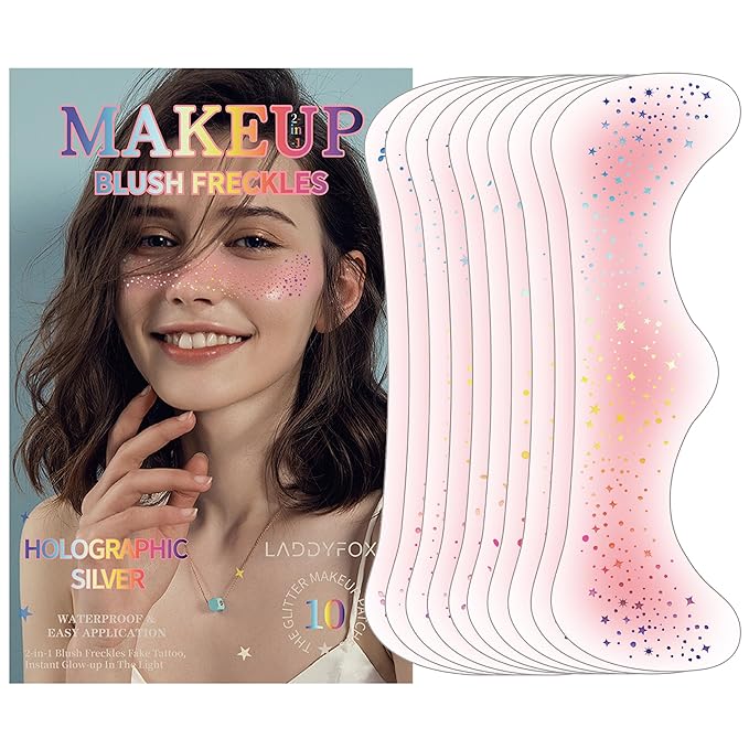10 Pcs Holographic Multichrome Glitter Freckles Face Tattoos, 2-in-1 Rose-pink Blush and Holographic Laser Temporary Tattoos, Waterproof and Long-lasting Face Makeup Tattoos for Women and Girls