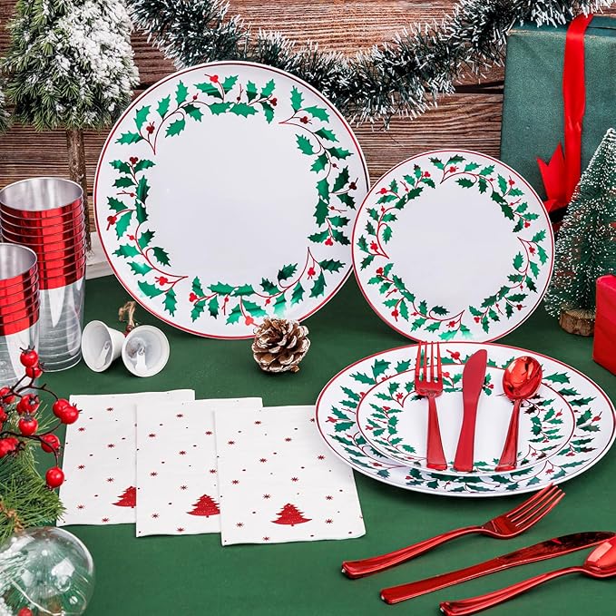 WDF 175Pcs Disposable Christmas Plates & Napkins - 25 Dinner & Dessert Plates, 25 Utensils, 25 Cups, 25 Christmas Napkins
