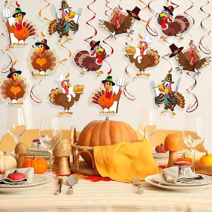 30Pcs Thanksgiving Turkey Hanging Swirls, Thanksgiving Decorations Hanging Swirl Turkey Ceiling Swirls Streamers for Classroom Friendsgiving Party Supplies