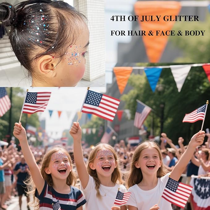 MEICOLY Red White and Blue Face Body Glitter,Sparkle Patriotic Pride Chunky Hair Glitter for Kids Women,4th of July Accessories Outfits for Women