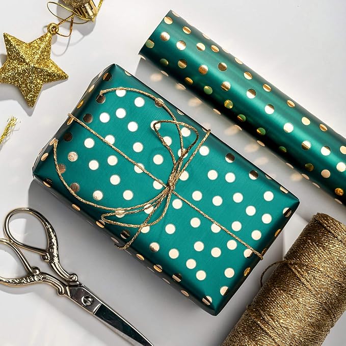 WRAPAHOLIC 30 Inch Green Christmas Wrapping Paper Roll - Jumbo Roll Green and Gold Holiday Design with Metallic Foil Shine - 4 Rolls - 30 Inch x 120 Inch Per Roll