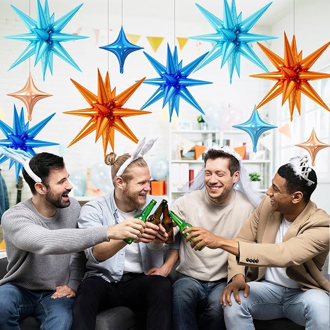 18 Pcs Blue and Orange Star Balloons, Orange and Blue Stars Foil Balloon with 6 Pcs 22-Inch Explosion Star Balloons 12Pcs 10-Inch Four Pointed Stars Balloon for Kids Birthday Party Decoration
