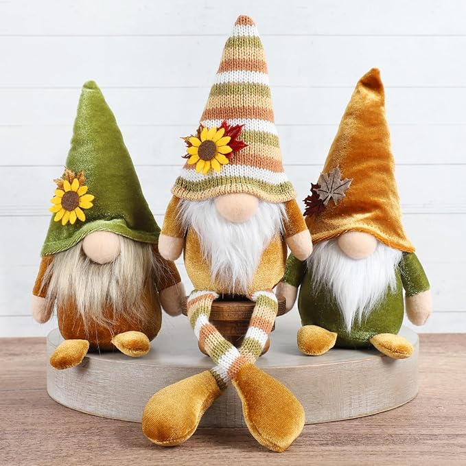 DAZONGE Thanksgiving Decor, 3PCS Harvest Gnomes Plush for Tiered Tray Decor, Thanksgiving Decorations for Home, Fall Leaves and Dangle Legs Gnomes for Home Decorations
