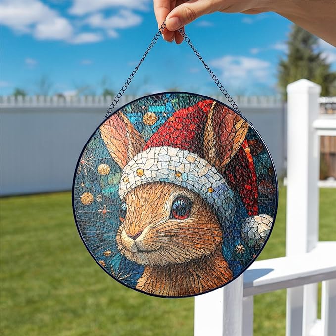 Desert Cottontail Rabbit Stained Glass Window Hanging Decor - Desert Cottontail Rabbit Christmas Decor - Wall Decor for Indoor Outdoor - Beautiful Xmas Gift & Home Decoration