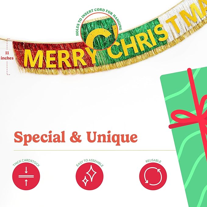 HOUSE OF PARTY Christmas Banner | Merry Christmas Sign with Tinsel Garland Wall Hanging Curtain Backdrop Pre-Strung 6 Feet | Xmas Mantel Decorations Indoor Hanging
