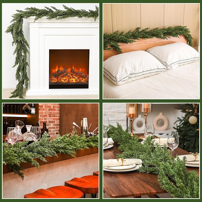 Dingion 1 PCS 6 ft Christmas Cedar Garland - Artificial Realistic Decorations Cedar Pine Needles Faux Garland for Seasonal Holiday Decor - Suitable for Table, Mantel, Stair