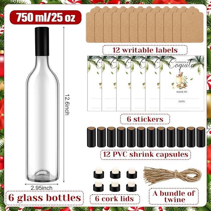 6 Set Christmas Glass Coquito Bottles 25 oz Wine Brewing Bottles for Homemade Coquito with Christmas Stickers Airtight Caps for Home Milk Eggnog