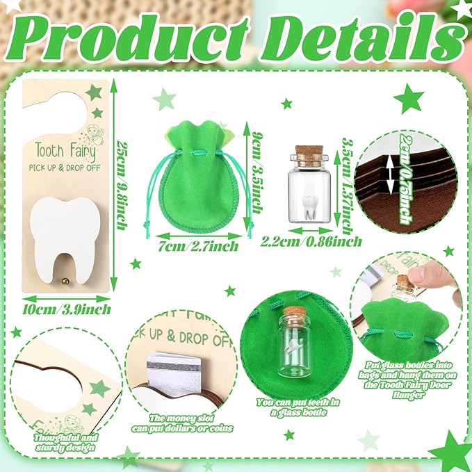 Tooth Fairy Holder Bag Hanger with Money Slot Keepsake Bottle Velvet Pouch Tooth Fairy Box Encourage Gift for Lost Teeth Boy Girl Milk(Classic,Green)