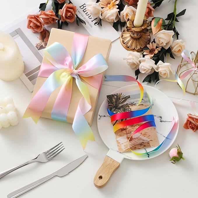 1 inch 25 Yards Rainbow Ribbon, Wide Single Face Shiny Satin Roll, Ribbon for Gift Wrapping, Wedding Decor, Pride Birthday Party Decoration & DIY Crafts