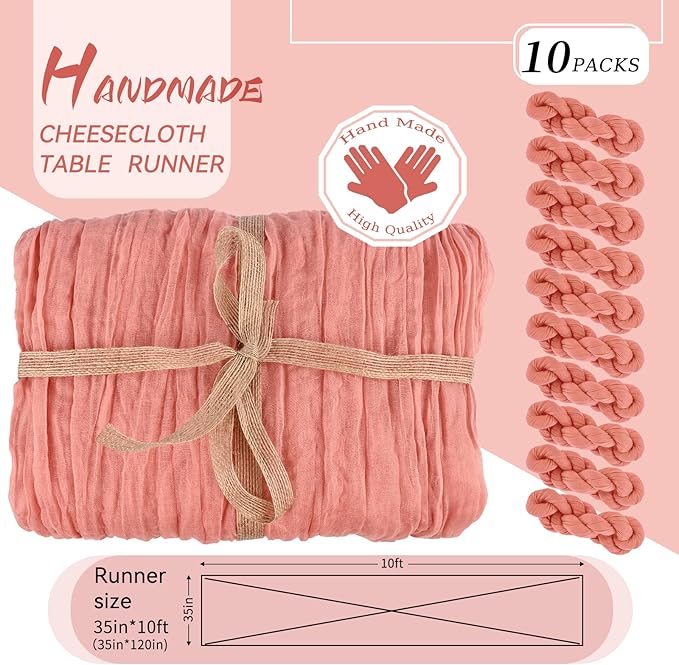 10 Packs Cheesecloth Table Runner Peach Coral, 10Ft x 35" Rustic Gauze Boho Wedding Table Runner Decoration, Wedding Table Decor Table Cloth for Wedding Party Bridal Shower Table