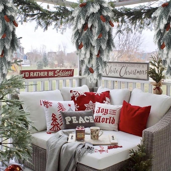 RECUTMS Hanging Artificial Greenery Artificial Pine Needle Branches Green Plant Pine Needle Accessories Faux Outdoor Plants Hanging Teardrop Christmas swags for Christmas Home Decoration(White)