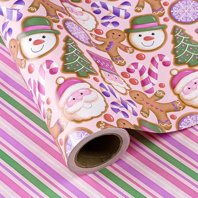WRAPAHOLIC Reversible Gingerbread Christmas Wrapping Paper - Mini Roll - 17 Inch x 33 Feet - Pink Purple Stripes and Gingerbread Wrapping Paper for Xmas Holiday, Party Celebration