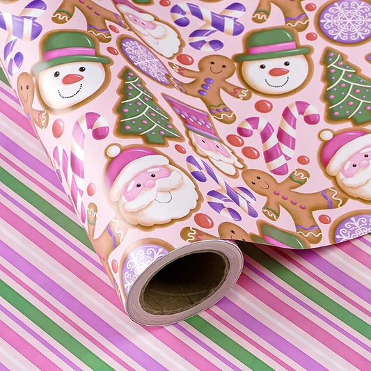 WRAPAHOLIC Reversible Gingerbread Christmas Wrapping Paper - Mini Roll - 17 Inch x 33 Feet - Pink Purple Stripes and Gingerbread Wrapping Paper for Xmas Holiday, Party Celebration