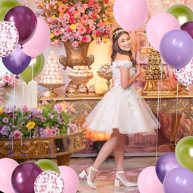 Light Pink Purple Green Balloons Birthday Party Decorations-48Pcs 12inch Assorted Metallic Hot Pink Purple Balloon,Confetti Latex Baloons Kit for Princess Witch Fairy Monster Garden Jungle Theme Party