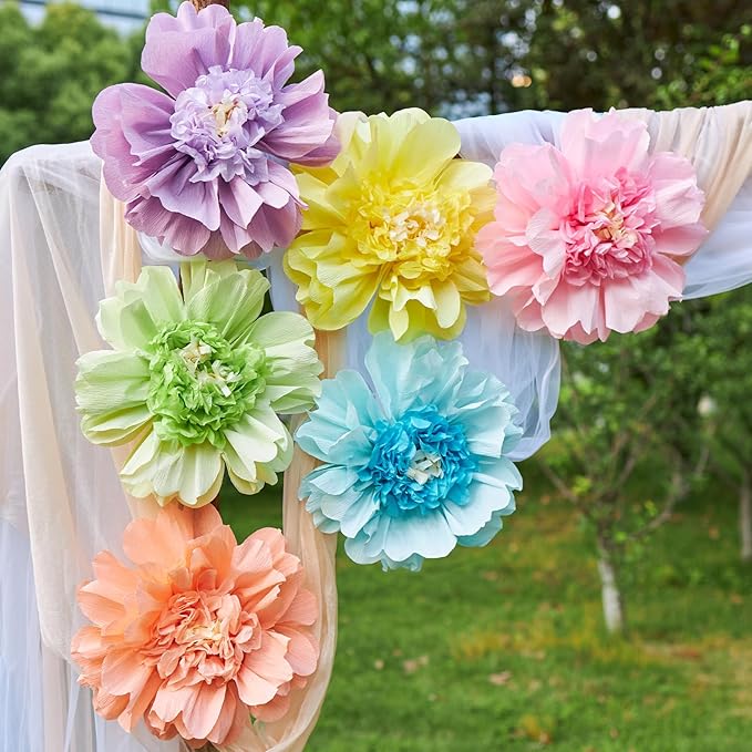 6PCS Pastel Paper Flowers Decorations Colorful Giant 12'' Crepe Tissue Paper Flowers Decorations Large Flowers for Wedding Birthday Baby Shower Classroom Wall Decor Supplies