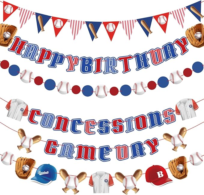 Pre-Strung Baseball Party Decorations with Concessions and game day Banners, Happy Birthday Baseball Party Supplies, Sports Themed Birthday Decorations with Baseball Triangle Bunting Pennant Flag