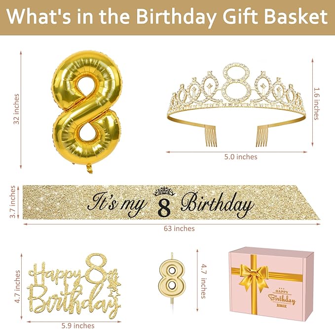 8th Birthday Decorations for Girl with 8th Birthday Sash and Tiara, Candles and Cake Topper, Number Balloons, 8 Year Old Girl Gifts