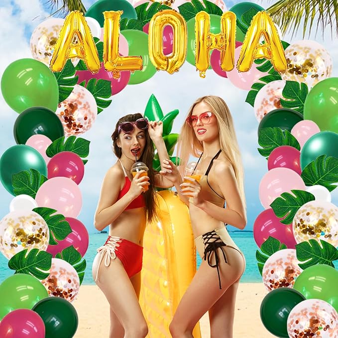 323 Luau Party Decorations, Hawaiian Party Decorations Kit For Adults - "ALOHA"&"HAPPY BIRTHDAY" Banner, Balloons, Cake Topper, Straws, Table Skirt, Dinnerware Set For 25 Guests