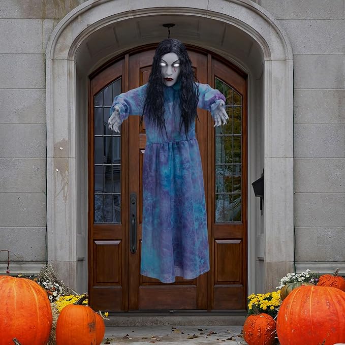 HollyHOME Halloween Hanging Ghost Girl with Glowing Eyes, Creepy Sound and Shaking Body Halloween Decorations Outdoor Scary Haunted House Prop 43’’