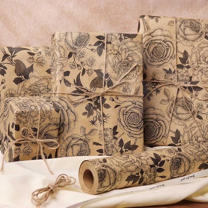 YXTII Kraft Floral Wrapping Paper, Gift Wrap with Cut Lines, Vintage Black Floral Design for Birthday, Wedding, Valentines, Christmas, Bridal Shower, Baby Shower, 17 Inches x 9.8 Feet, Mini Roll