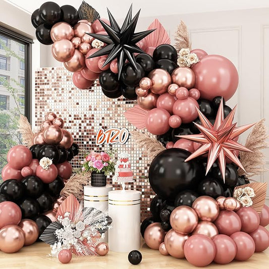 Dusty Pink and Black Balloon Arch,Balloon Garland with Star Foil Rose Gold Balloons for Birthday Wedding Bachelorette Party Decorations