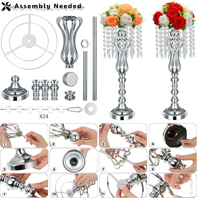 16 Pcs Wedding Centerpieces for Tables, Gold Silver Vase Centerpiece with Chandelier Crystal Metal Flower Stand, Tall Flower Vases for Wedding Party Home Decoration(Silver,21.3)