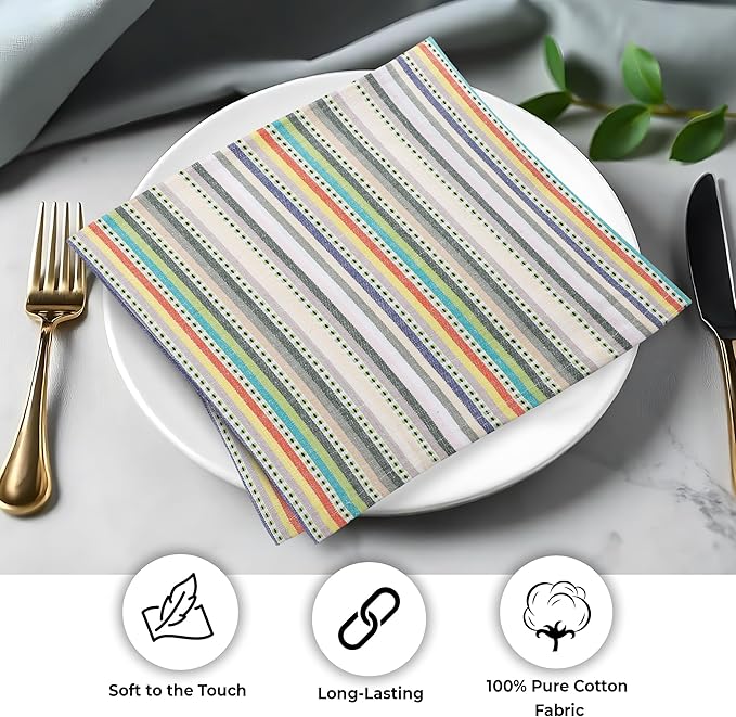 Urban Villa Cloth Napkins Beige Multi Stripes 100% Cotton Absorbent Dinner Napkins (Set of 12) 20x20 Inches Soft Durable Washable Reusable Ideal for Everyday Use Wedding Parties Cloth Dinner Napkins