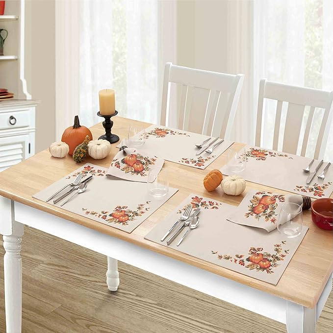 Lintex Thanksgiving Traditions Autumn Harvest Fabric Placemats, Set of 4, Pumpkin Patch and Fall Leaves Border, Easy Care Thanksgiving Fabric Placemat Set