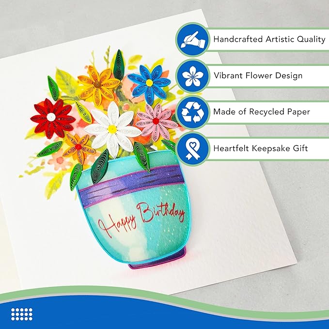 Quilled Birthday Card - Happy Birthday Quilled Daisies Greeting Cards for Women - Blank Inside Quilling Cards for Woman- 6x6 Handmade 3D Paper Art Design with Luxury Blue Envelope (Daisy)