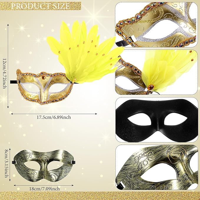 Sratte Couple Masquerade Mask with Feather Flower Unisex Half Face Venetian Mask for Mardi Gras Party