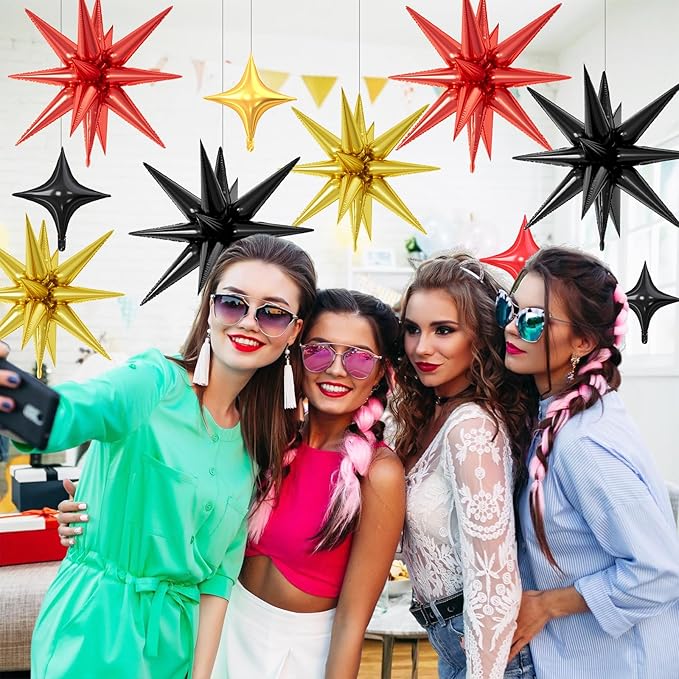 18 Pcs Black Red Star Balloons, Gold Red and Black Balloon with 6 Pcs 22-Inch Explosion Star Balloons 12Pcs 10-Inch Four Pointed Stars Foil Balloon for Kids Race Car Birthday Party Decorations
