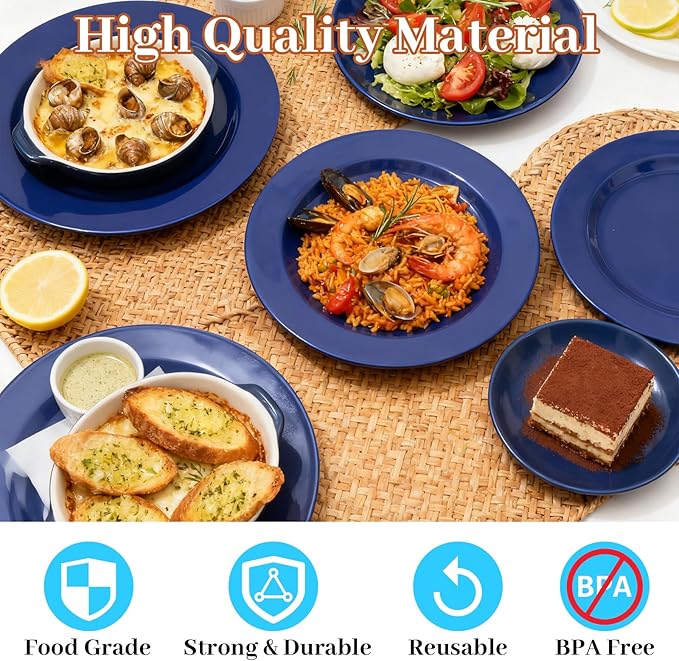 MENDENG 50PCS Blue Plastic Plates for Party, 25x10.25 Dinner Plates & 25x7.5 Dessert Plates, Heavy Duty Disposable Plastic Plates for Wedding Party Hanukkah