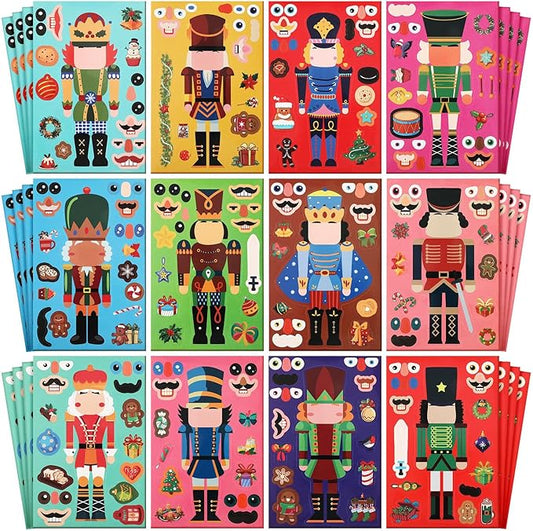 48 Sheets Christmas Nutcracker Fun Sticker Set Make a Face Toy for Kids Create Your Own Faces Nutcracker Ornament Xmas DIY Craft Self Adhesive Decal Gift Bag Stuffer Classroom Party Favor