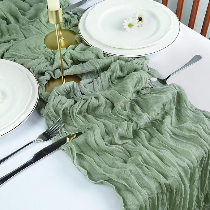 12 Pack Sage Green Cheesecloth Table Runner 10FT Boho Cheese Cloths Gauze Fabric Table Runners 120 Inch Rustic Sheer for Wedding Birthday Party Baby Shower Centerpiece Home Decorations