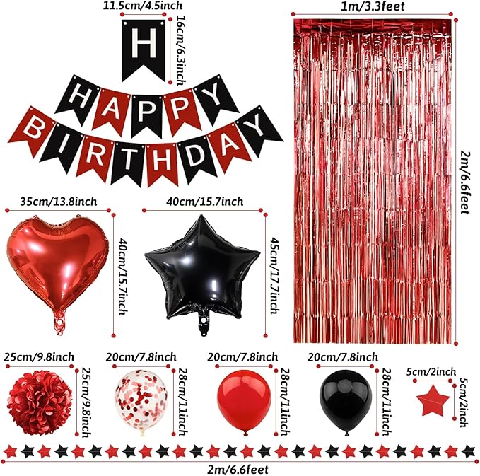 ZERODECO Red Black Birthday Party Decorations, Happy Birthday Banner Pompoms Balloon Arch Fringe Curtain Party Décor for Baby Girls Women Black and Red Party